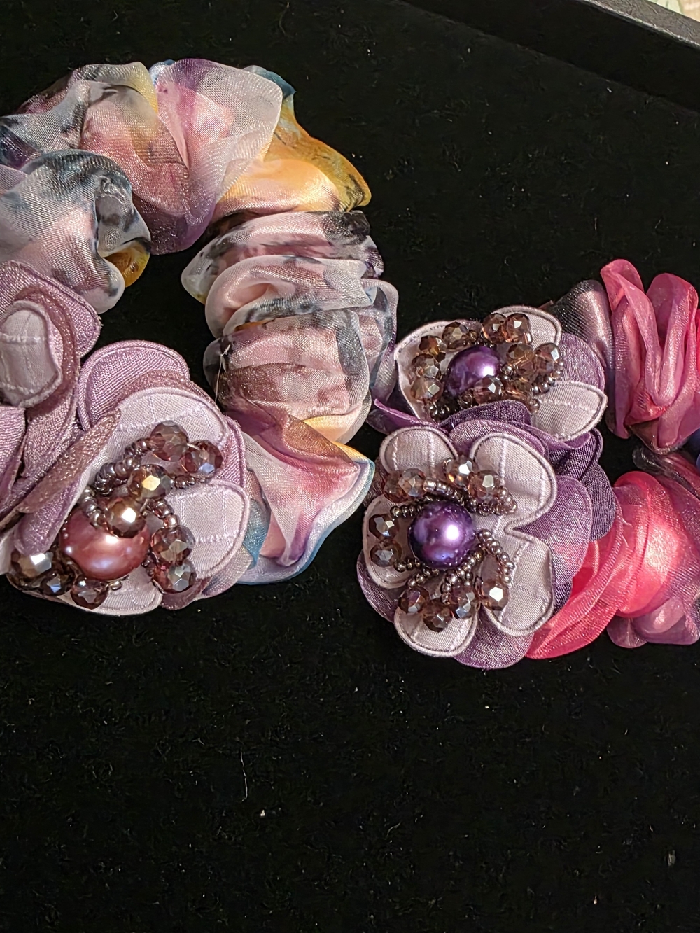 Beaded Floral Purple Satin Scrunchie Set - Women Accessories